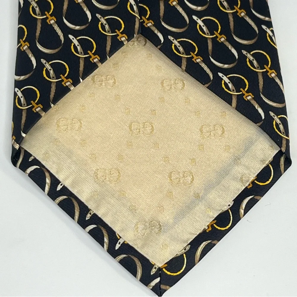 Gucci Men’s Silk Neck Tie‎ Black with Gold Equestrian Buckles Luxury Formal